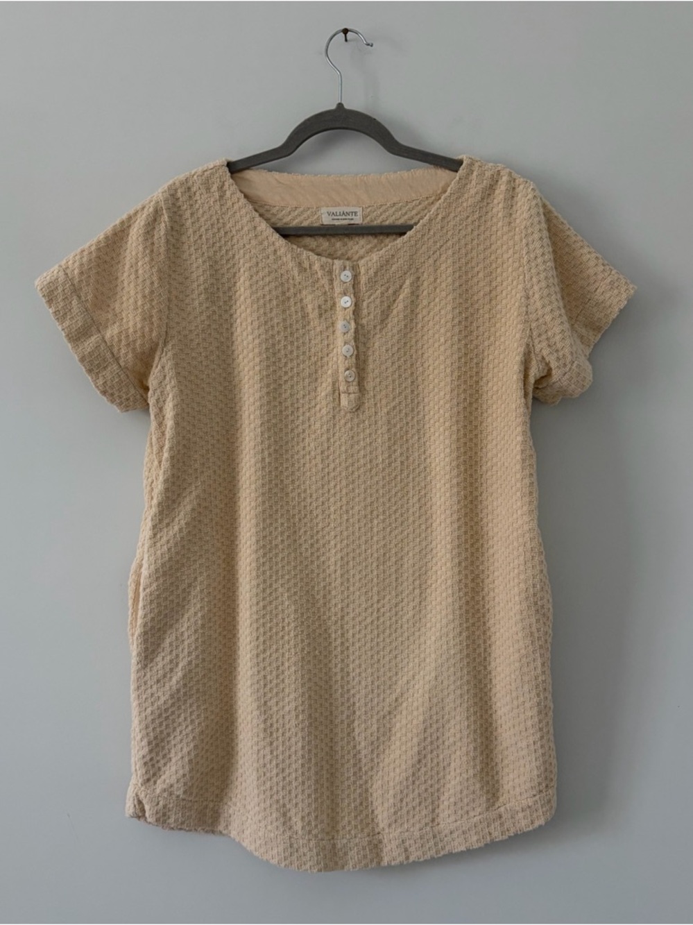 Valiante Cream Textured Short Sleeve Button Down Henley Tunic Mini Dress L